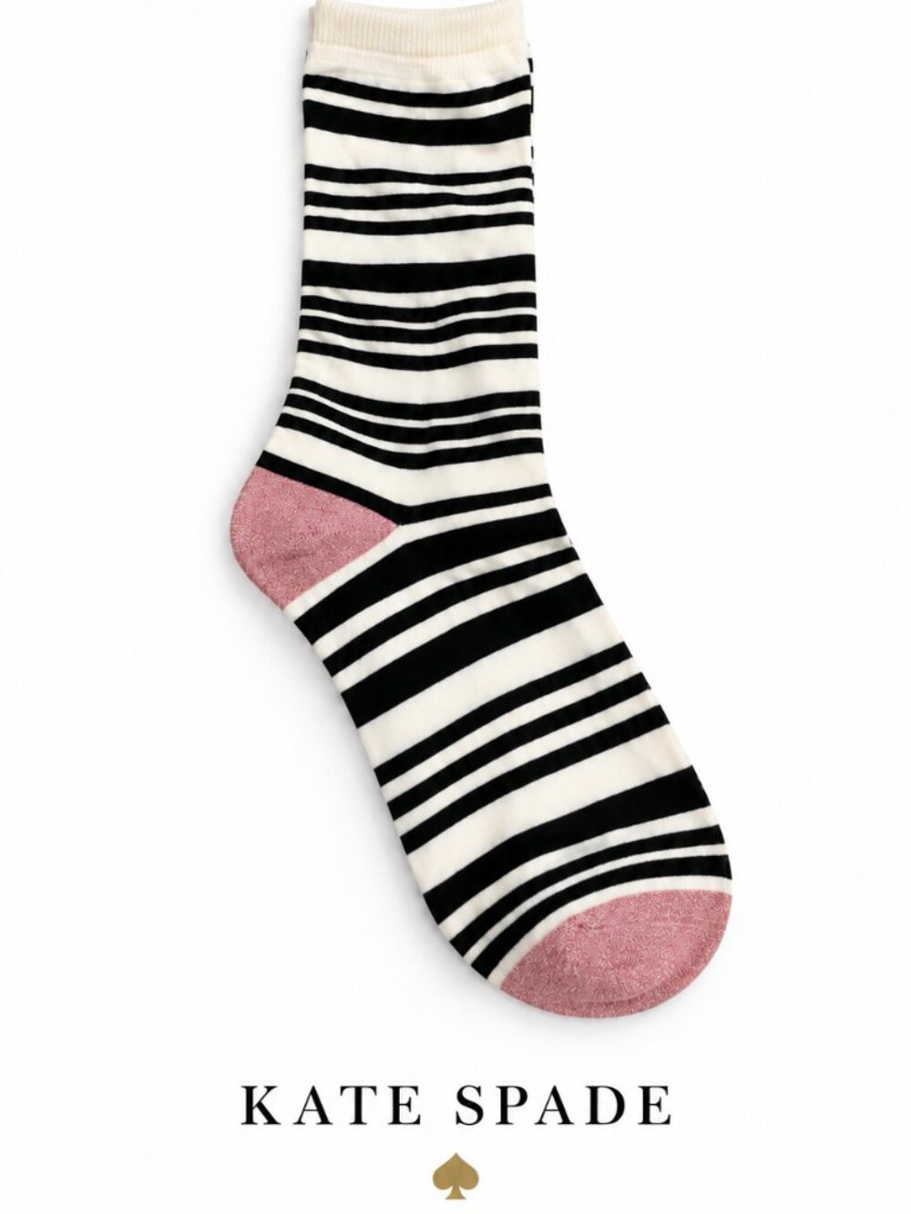 Kate Spade Striped Black & White Crew Socks with Pink Heel and Toe